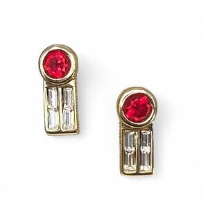 Vintage Swarovski Signed SAL Earrings Red and Clear Crystal Gold Pierced